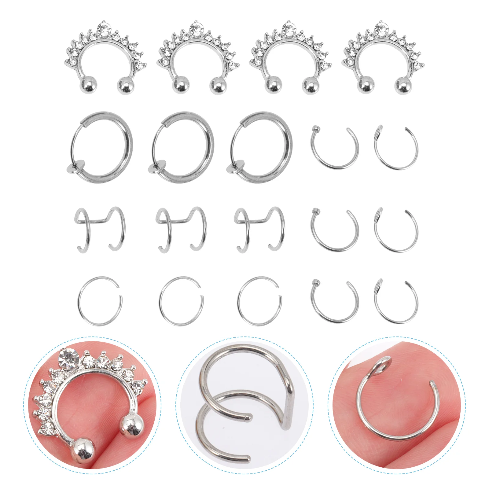 19 Pcs Nose Ring Set Rings Piercing Jewelry Accessories Cuff Stainless Steel Fake Miss Kit
19 Pcs Nose Ring Set Rings Piercing Jewelry Accessories Cuff Stainless Steel Fake Miss Kit