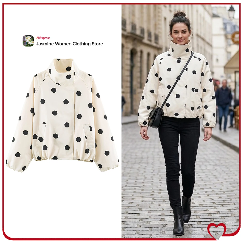 Elegant Chic Polka Dot Bomber Jackets for Women High Collar Long Sleeves Jackets with Front Welt Pockets and Snap Button Closure
Elegant Chic Polka Dot Bomber Jackets for Women High Collar Long Sleeves Jackets with Front Welt Pockets and Snap Button Closure