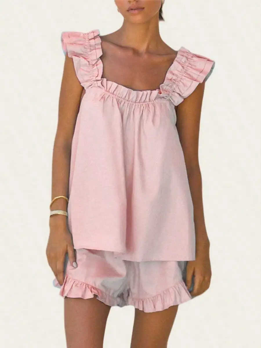 Women Summer 2 Piece Pajama Set Ruffle Sleeveless Crop Top And Ruffled Shorts Sleepwear Loungewear
Women Summer 2 Piece Pajama Set Ruffle Sleeveless Crop Top And Ruffled Shorts Sleepwear Loungewear