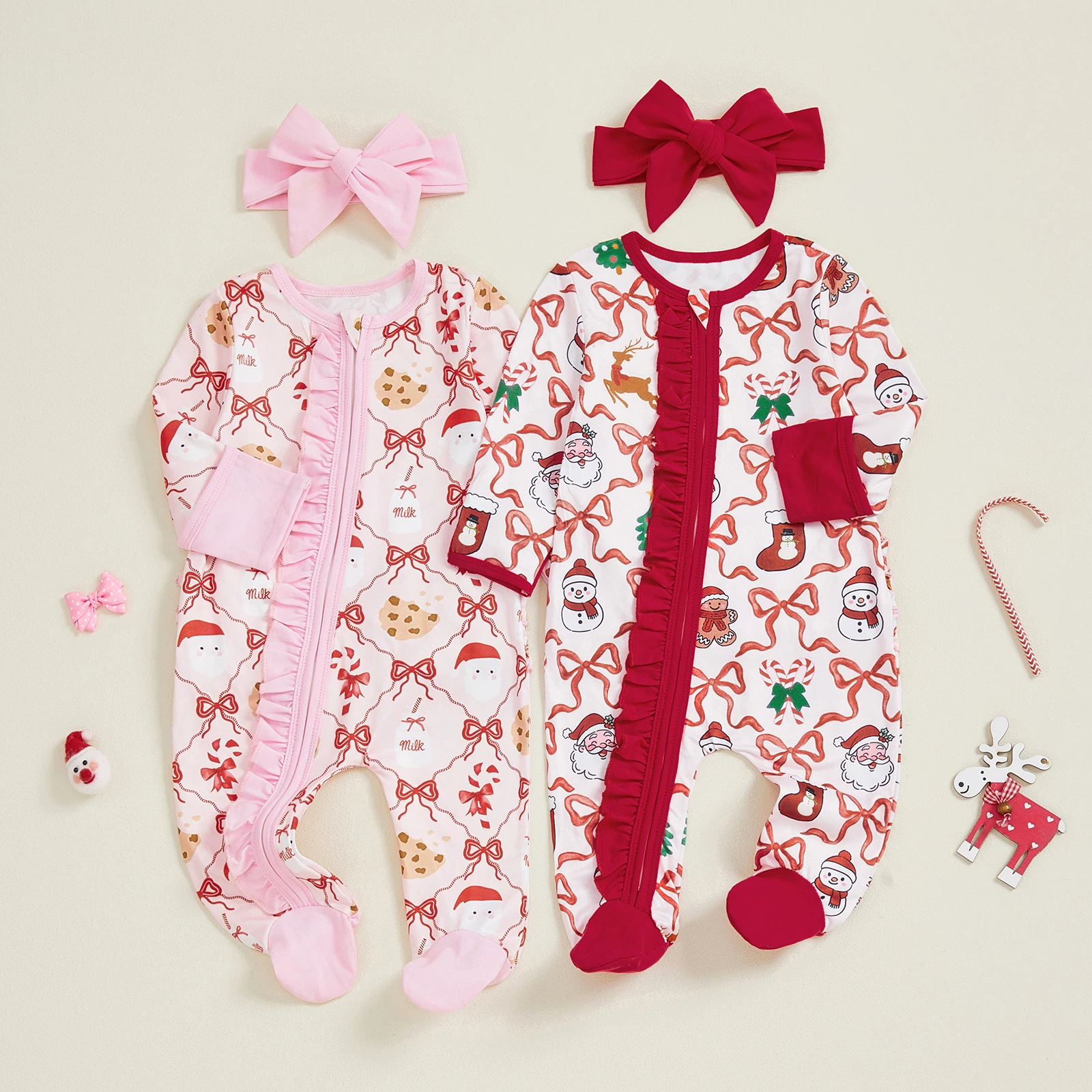 Newborn Girl Christmas Romper Bow Print Long Sleeve Zip Up Round Neck Footed Jumpsuit with Headband
Newborn Girl Christmas Romper Bow Print Long Sleeve Zip Up Round Neck Footed Jumpsuit with Headband