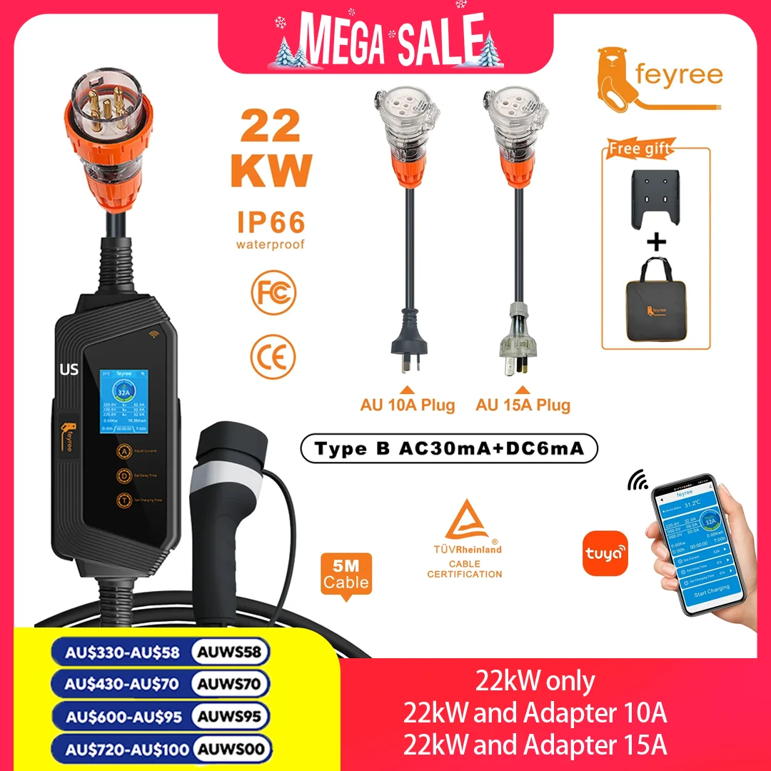 feyree 22KW 32A 3Phase Type2 EV Charger Wi-Fi APP Control EVSE Portable Charging Box with AU 5pin Plug for Electric Car Charger
feyree 22KW 32A 3Phase Type2 EV Charger Wi-Fi APP Control EVSE Portable Charging Box with AU 5pin Plug for Electric Car Charger