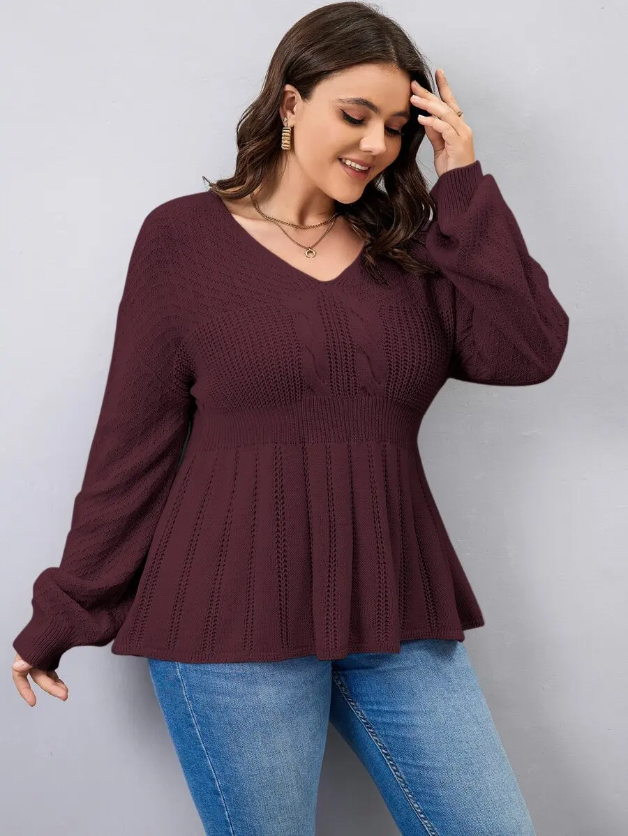 Plus Size Women V-Neck Lantern Sleeve Cable Knit Peplum Sweater Autumn Winter
Plus Size Women V-Neck Lantern Sleeve Cable Knit Peplum Sweater Autumn Winter