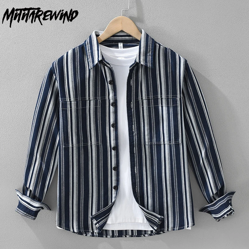 Japanese Retro Striped Long Sleeve Denim Shirt Men Lapel Double Pockets 100% Cotton Jean Shirts Male Casual Clothing 2025 New
Japanese Retro Striped Long Sleeve Denim Shirt Men Lapel Double Pockets 100% Cotton Jean Shirts Male Casual Clothing 2025 New