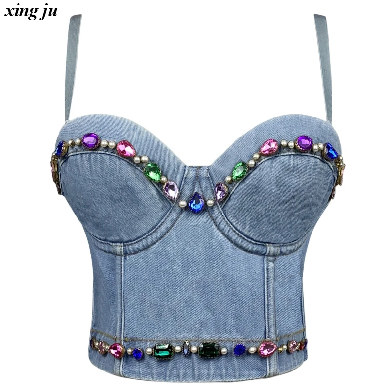 Xing Ju Party Hot Girls Sexy Denim Crop Tops Women Jazz Dance Costume Nightclub Backless Fishbone Diamond Vest Singer Stage Wear
Xing Ju Party Hot Girls Sexy Denim Crop Tops Women Jazz Dance Costume Nightclub Backless Fishbone Diamond Vest Singer Stage Wear