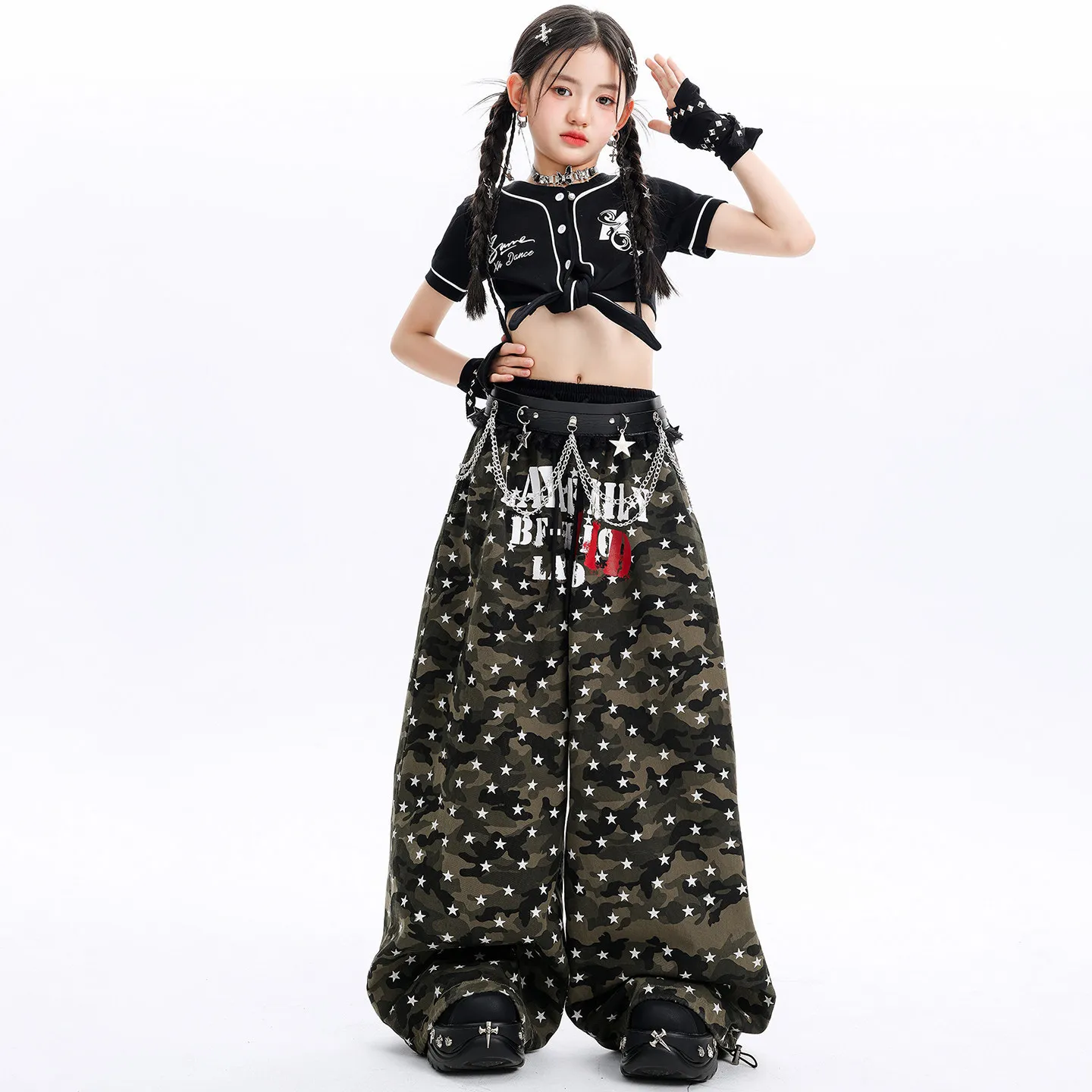 Kid Kpop Hip Hop Clothing Black Crop Baseball Shirt Top Casual Camo Stars Print Wide Pants for Girl Street Dance Costume Clothes
Kid Kpop Hip Hop Clothing Black Crop Baseball Shirt Top Casual Camo Stars Print Wide Pants for Girl Street Dance Costume Clothes