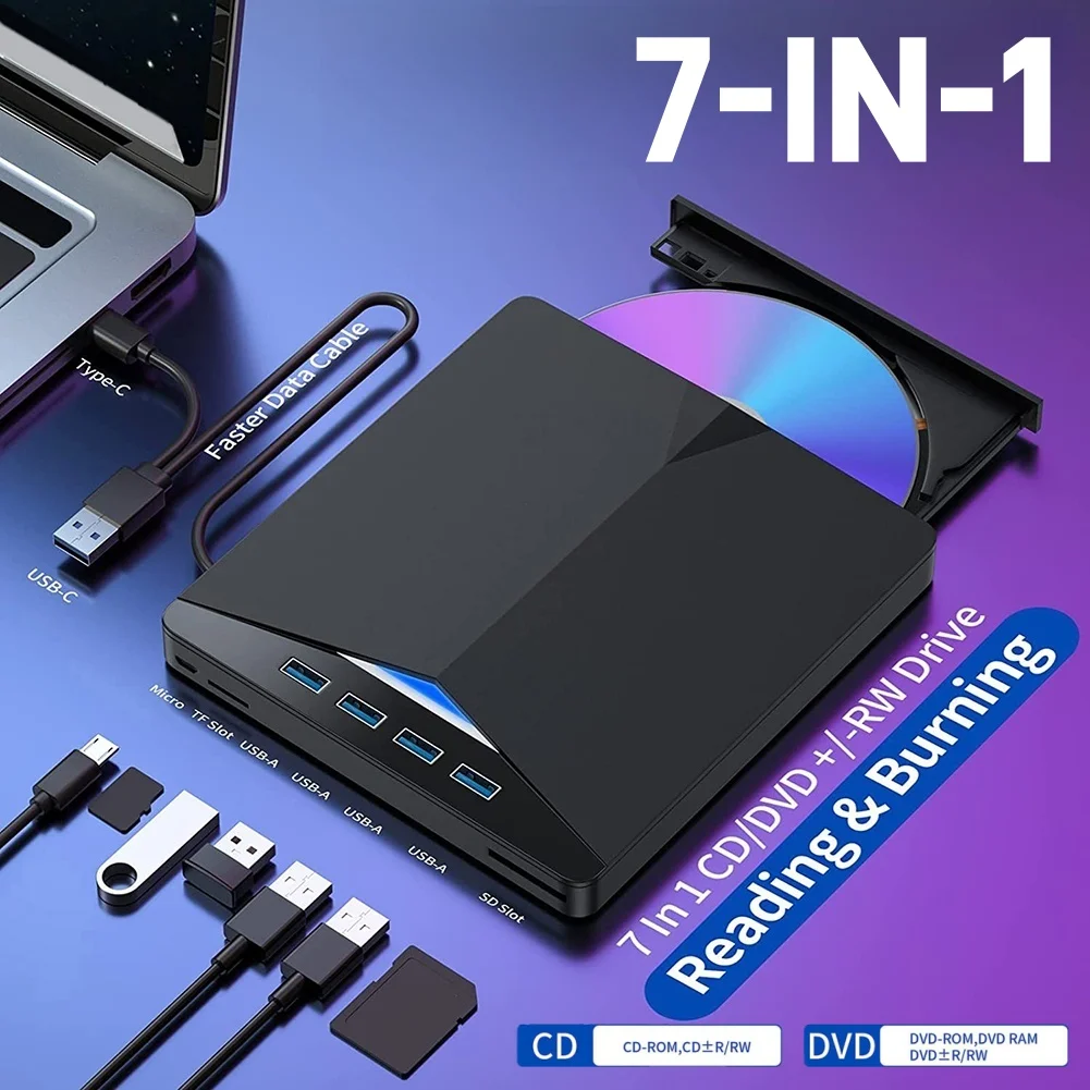 Внешний оптический привод 7-в-1 USB 3.0 Type-C: DVD-RW, CD-RW, CD-R, CD-RW, CD-R, CD-RW, CD-R для ноутбуков, ПК, настольных компьютеров, iMac
Внешний оптический привод 7-в-1 USB 3.0 Type-C: DVD-RW, CD-RW, CD-R, CD-RW, CD-R, CD-RW, CD-R для ноутбуков, ПК, настольных компьютеров, iMac