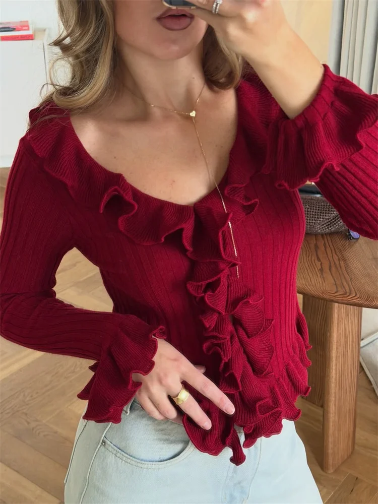Tossy Female Ruffled Knitwear Sweater Pullover V-Neck Ribbed Patchwork Solid Elegant Commute Top Women's Spring Knit Pullovers
Tossy Female Ruffled Knitwear Sweater Pullover V-Neck Ribbed Patchwork Solid Elegant Commute Top Women's Spring Knit Pullovers