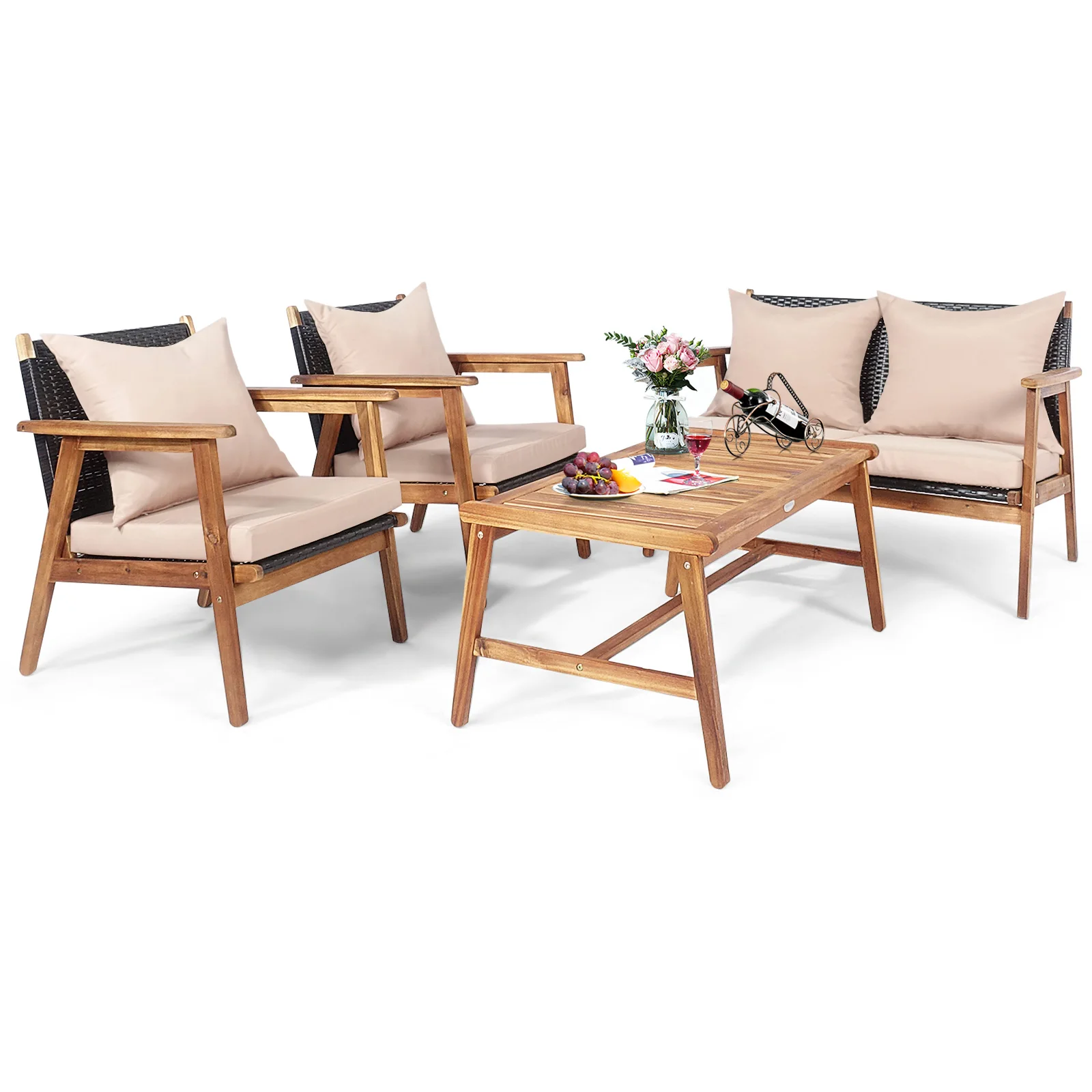 4PCS Patio Rattan Furniture Set Acacia Wood Frame Cushioned Sofa Chair Garden 4PCS Patio Rattan Furniture Set Acacia Wood Frame Cushioned Sofa Chair Garden