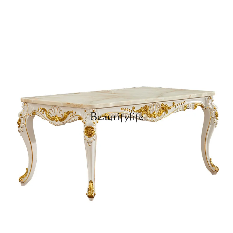 European dining table solid wood marble surface gold painted square dining table villa set
European dining table solid wood marble surface gold painted square dining table villa set