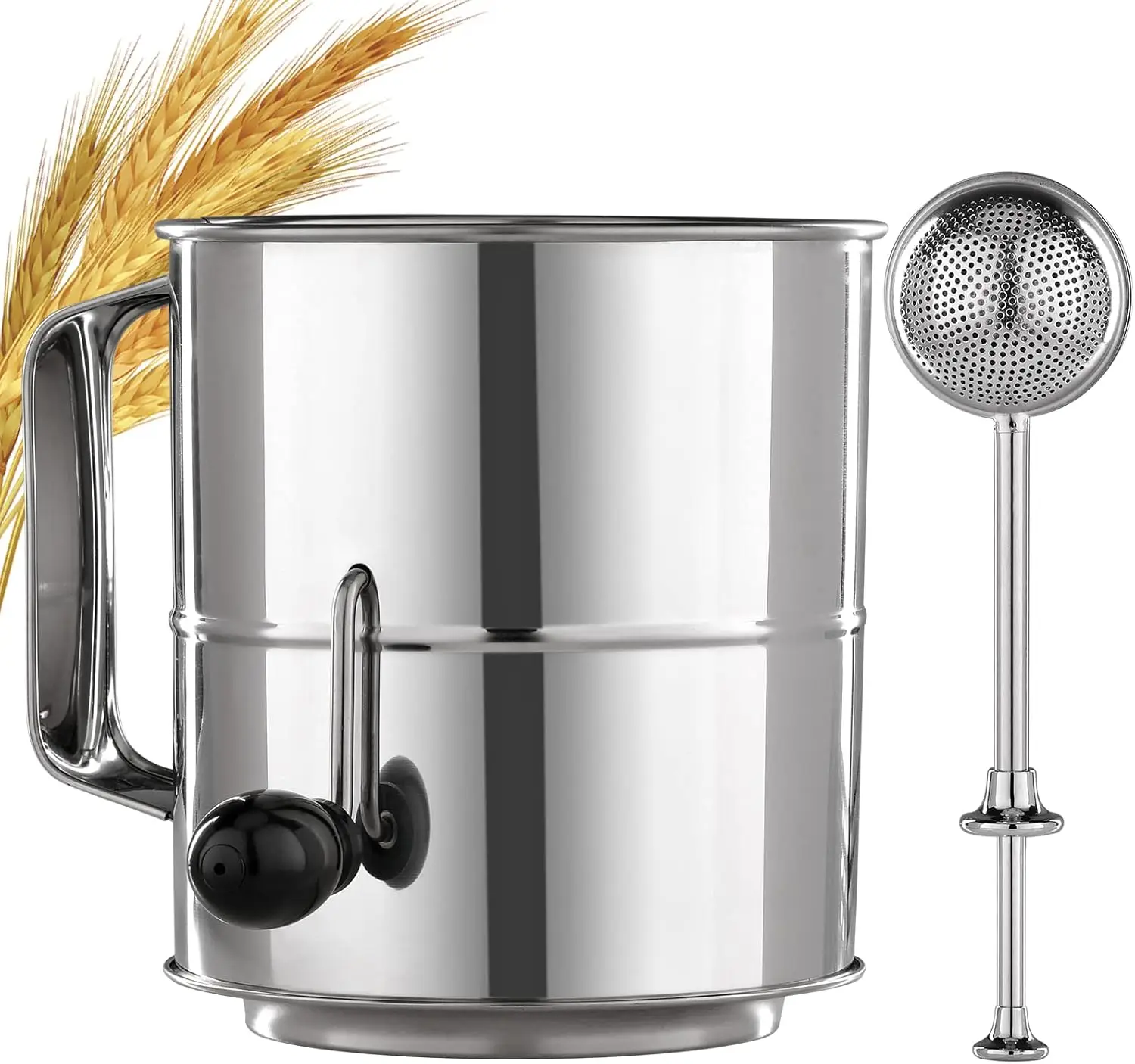 5 Cup Fine Mesh Hand Crank Flour Sifter, Stainless Steel with Agitator Wire Loop for Baking, Powdered Sugar Duster
5 Cup Fine Mesh Hand Crank Flour Sifter, Stainless Steel with Agitator Wire Loop for Baking, Powdered Sugar Duster