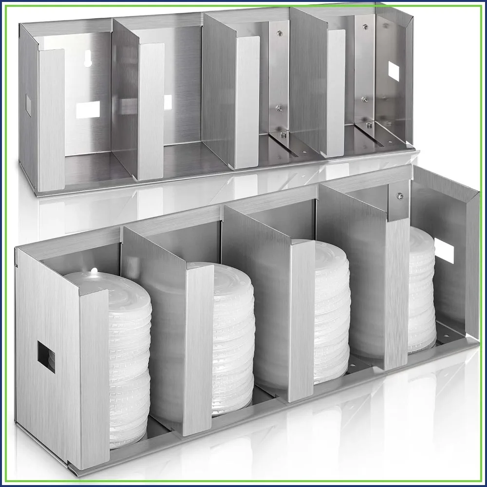 4 Compartments Stainless Steel Cup Dispenser with Adjustable Dividers, Cup and Lid Organizer for Kitchen Cabinet Cafe
4 Compartments Stainless Steel Cup Dispenser with Adjustable Dividers, Cup and Lid Organizer for Kitchen Cabinet Cafe