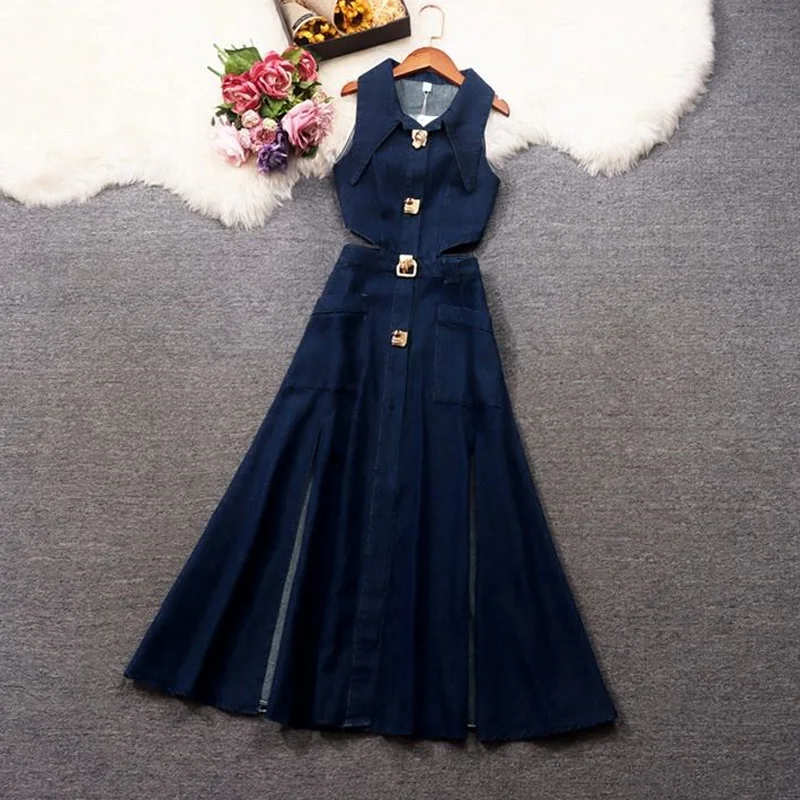 Denim High Split Dress For Women 2023 New Button Trim Sleeveless Turn Down Collar Party Dresses Summer Elegant Clothing Vestido
Denim High Split Dress For Women 2023 New Button Trim Sleeveless Turn Down Collar Party Dresses Summer Elegant Clothing Vestido