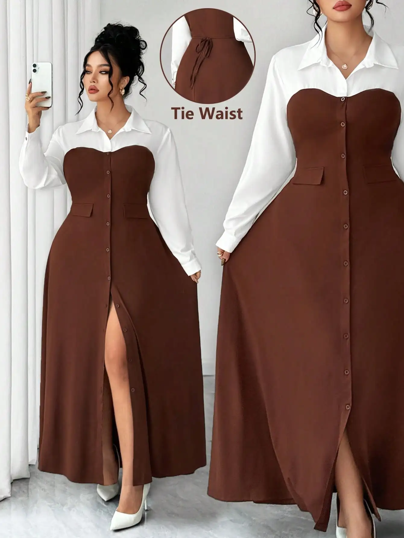 Женское коричнево-белое контрастное платье макси на пуговицах с завязками на талии и разрезом спереди
Женское коричнево-белое контрастное платье макси на пуговицах с завязками на талии и разрезом спереди