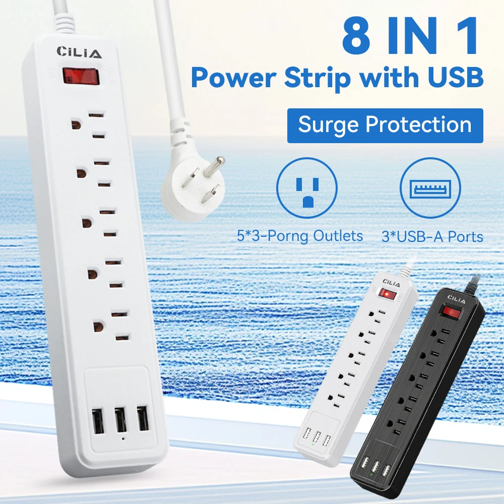 Multi-purpose home/office power strip - US standard, high power, 5 AC sockets, 3 USB charging ports, 1.5m cable length, overload
Multi-purpose home/office power strip - US standard, high power, 5 AC sockets, 3 USB charging ports, 1.5m cable length, overload