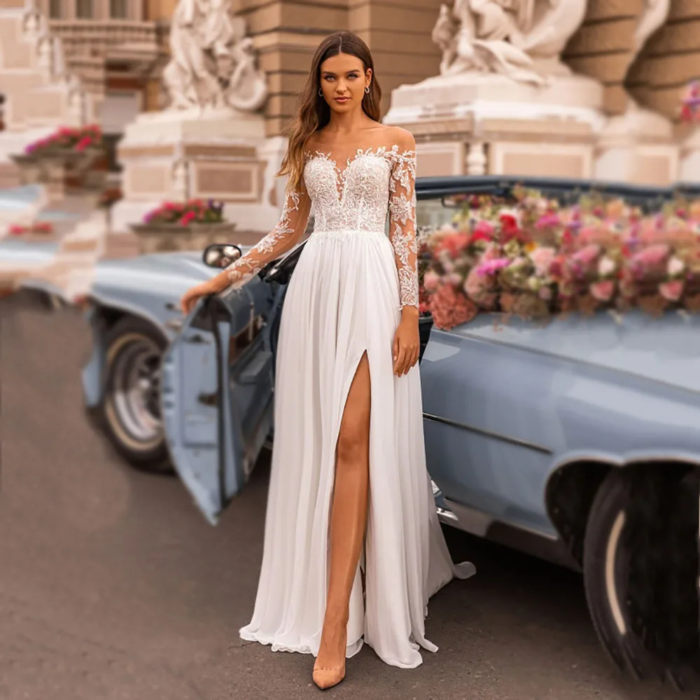 Msikoods Customized 2025 Lace Wedding Dresses Long Sleeve Illusion Beach Brides Dress Boho V Neck High Slit A Line Bridal Gown
Msikoods Customized 2025 Lace Wedding Dresses Long Sleeve Illusion Beach Brides Dress Boho V Neck High Slit A Line Bridal Gown