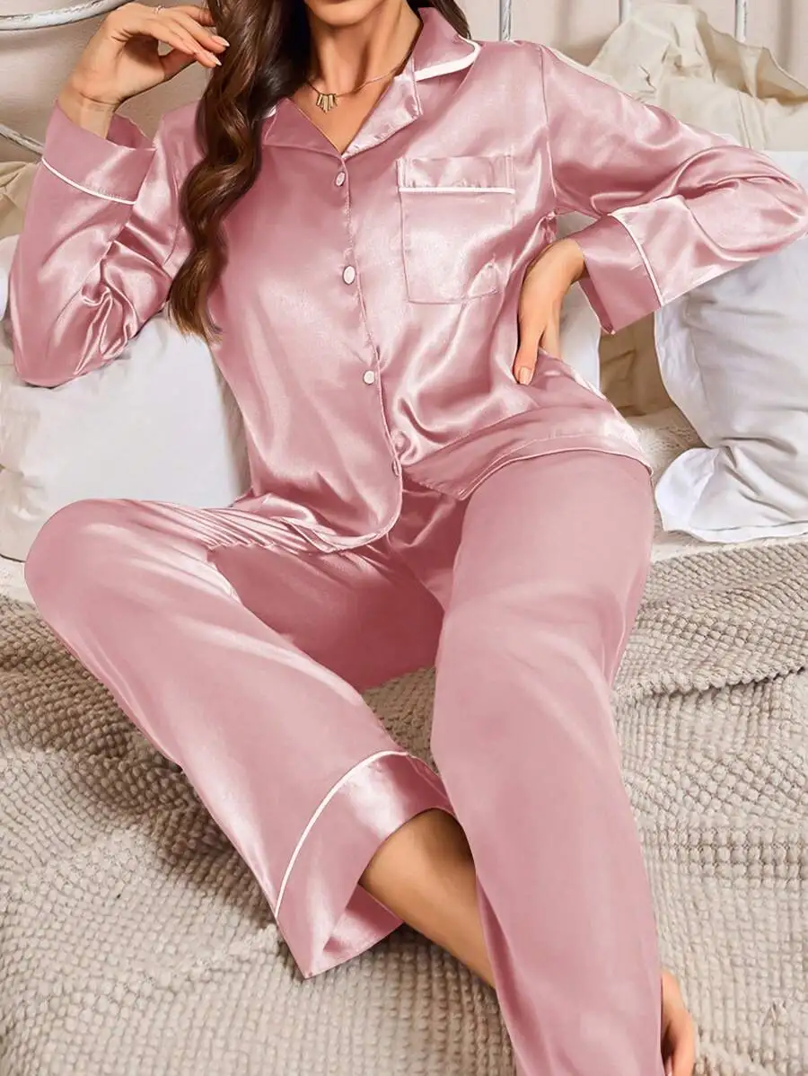 Women Satin Pajama Set With Front Button Top And Pocket Long Pants
Women Satin Pajama Set With Front Button Top And Pocket Long Pants