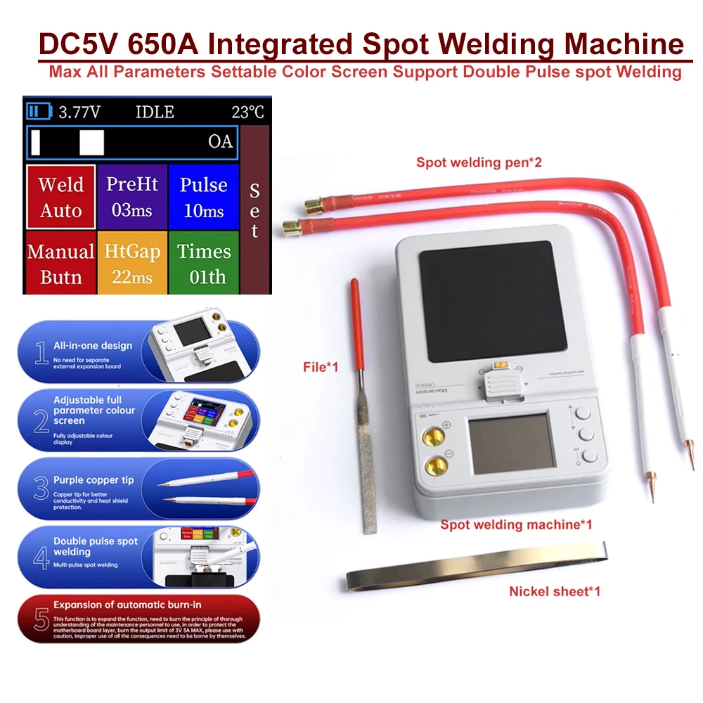 DC5V 650A Встроенный аппарат для точечной сварки для инструментов для ремонта аккумуляторов телефона Двойной импульсный цветной экран Аппарат для точечной сварки Ручка для точечной сварки
DC5V 650A Встроенный аппарат для точечной сварки для инструментов для ремонта аккумуляторов телефона Двойной импульсный цветной экран Аппарат для точечной сварки Ручка для точечной сварки