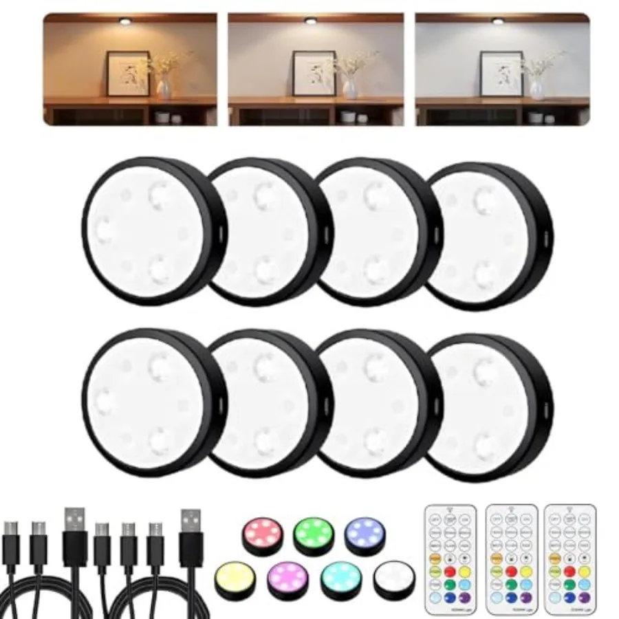 Puck Lights with Remote, 2000mAh Battery Operated Rechargeable Under Cabinet Lighting, 3 Color Temps and 7 RGB Colors, Magnetic
Puck Lights with Remote, 2000mAh Battery Operated Rechargeable Under Cabinet Lighting, 3 Color Temps and 7 RGB Colors, Magnetic