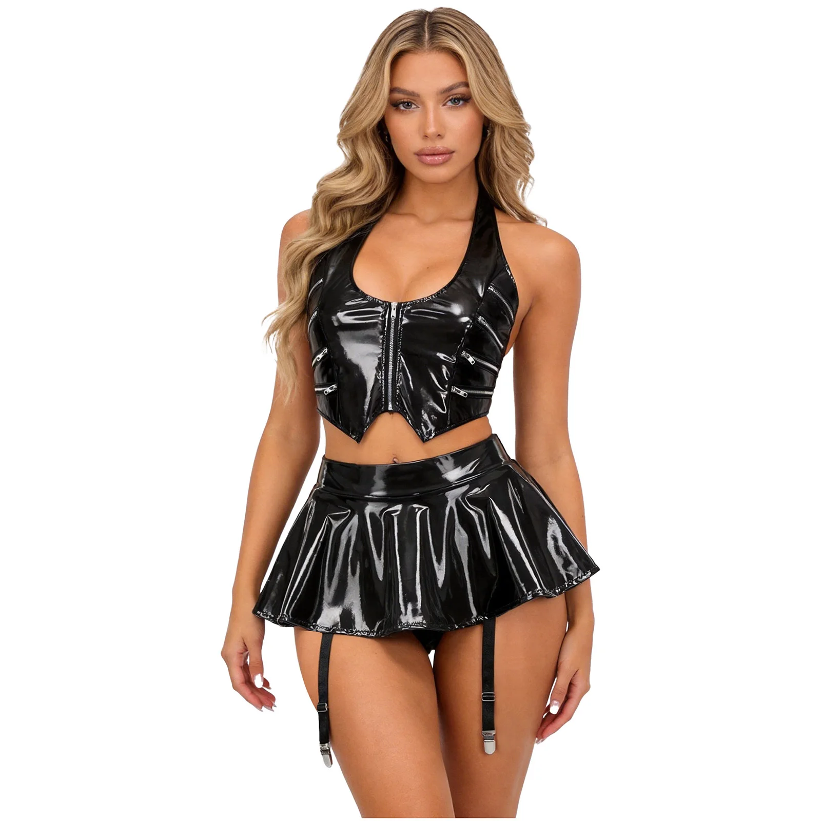 Womens Wet Look Glossy PU Leather Sets Clubwear Party Outfits Halter Neck Crop Top with Miniskirt for Nightclub Festival Wear
Womens Wet Look Glossy PU Leather Sets Clubwear Party Outfits Halter Neck Crop Top with Miniskirt for Nightclub Festival Wear