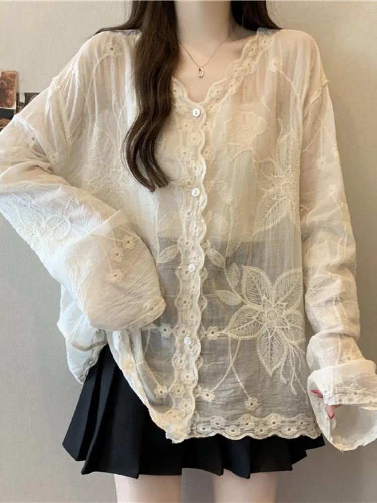 Elegant Lace Embroidery Long Sleeve Shirt Women's Spring Summer Slim Fit Korean Style Hollow out V Neck Sun Protection Top
Elegant Lace Embroidery Long Sleeve Shirt Women's Spring Summer Slim Fit Korean Style Hollow out V Neck Sun Protection Top