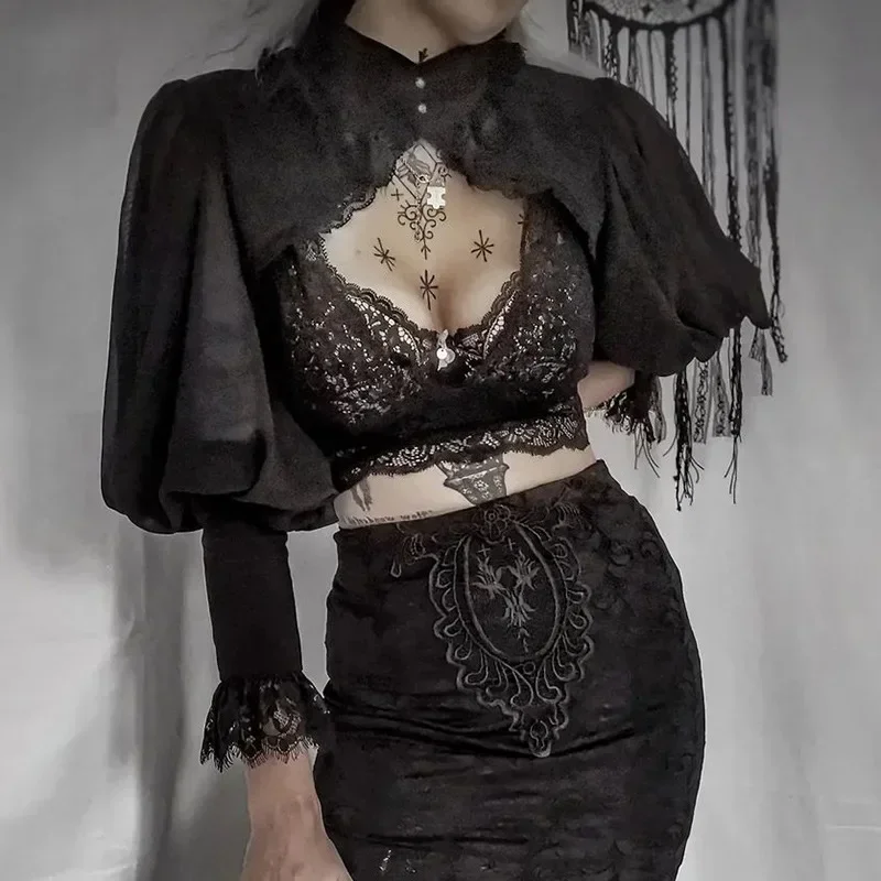 Long Sleeves Cotton Bolero Collar Shirt Dark Lace Crop Tops Women Gothic Punk Under Without Tube Drop Shoulder
Long Sleeves Cotton Bolero Collar Shirt Dark Lace Crop Tops Women Gothic Punk Under Without Tube Drop Shoulder