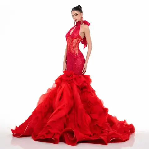 Elegance Red Rose Mermaid Evening Dresses Halter Ruffles Lace Formal Gown Luxury Volume Tulle Long Prom Dress Custom Bride Dress