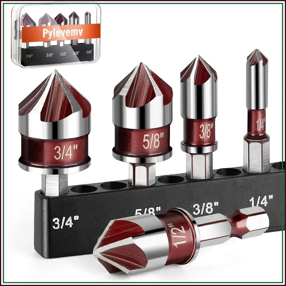 5-Piece 82° Countersink Drill Bit Set, 1/4-3/4 Inch, Hex Shank for Wood Metal Plastic
5-Piece 82° Countersink Drill Bit Set, 1/4-3/4 Inch, Hex Shank for Wood Metal Plastic