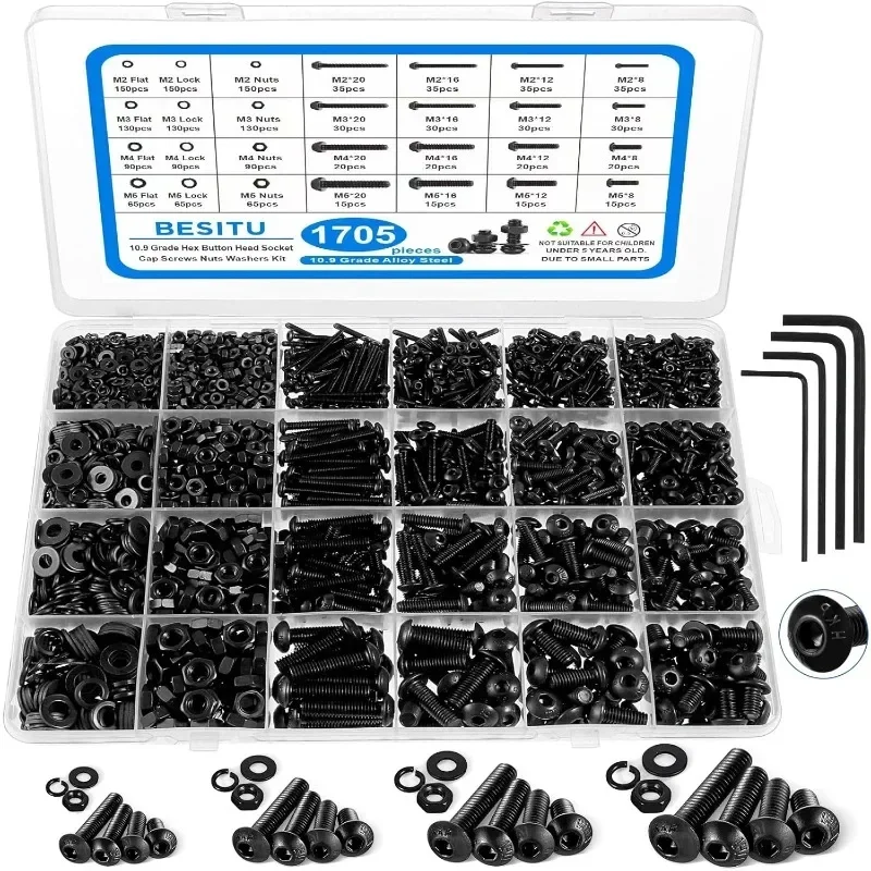 1705Pcs Metric Bolts and Nuts Kit with Lock and Flat Washers Machine Screw M2 M3 M4 M5 Hex Hexagon Screw Set with Allen Wrench
1705Pcs Metric Bolts and Nuts Kit with Lock and Flat Washers Machine Screw M2 M3 M4 M5 Hex Hexagon Screw Set with Allen Wrench