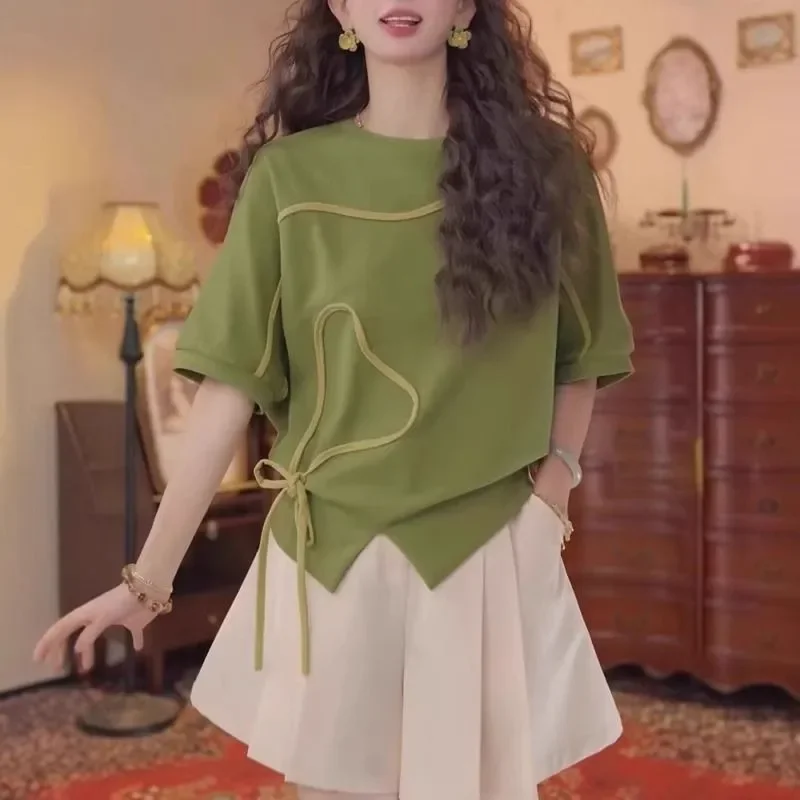 Relaxed Fit Women Blouse With Lace Up Detail And Bright Stitching Casual Summer Top Round Neck Short Sleeve Loose Style
Relaxed Fit Women Blouse With Lace Up Detail And Bright Stitching Casual Summer Top Round Neck Short Sleeve Loose Style
