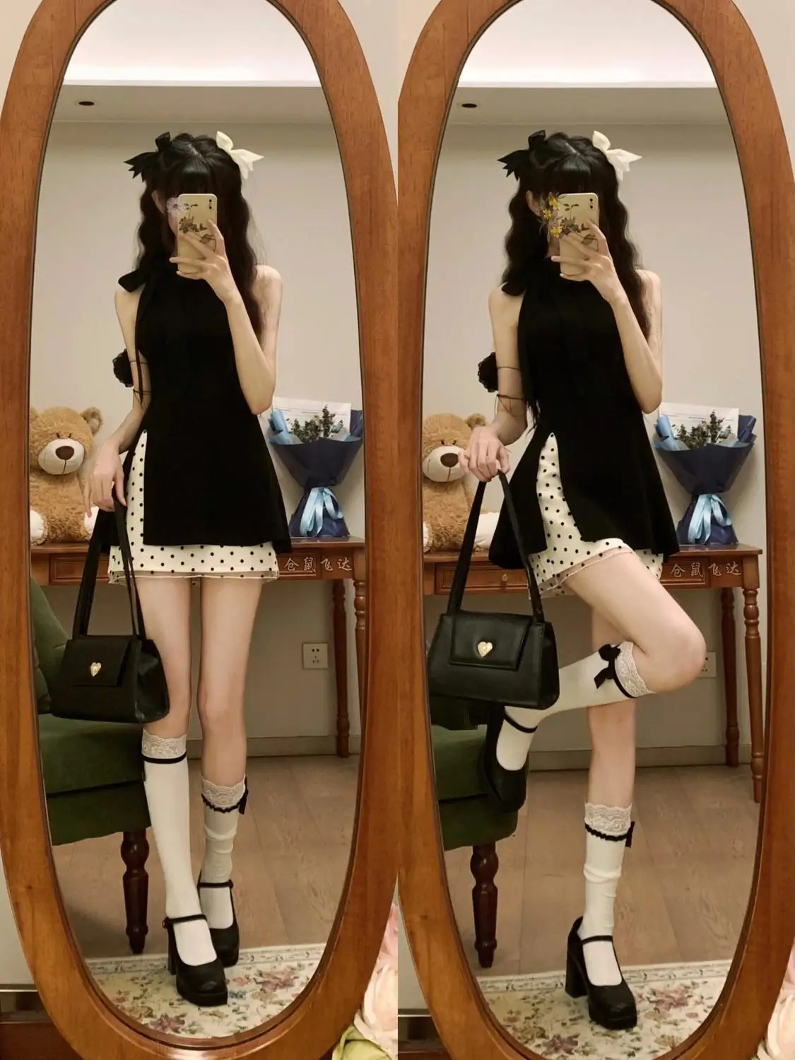 Japan New Summer Style Korean Design Black Temperament Slit Top High Waist Polka Dot Skirt Trendy
Japan New Summer Style Korean Design Black Temperament Slit Top High Waist Polka Dot Skirt Trendy