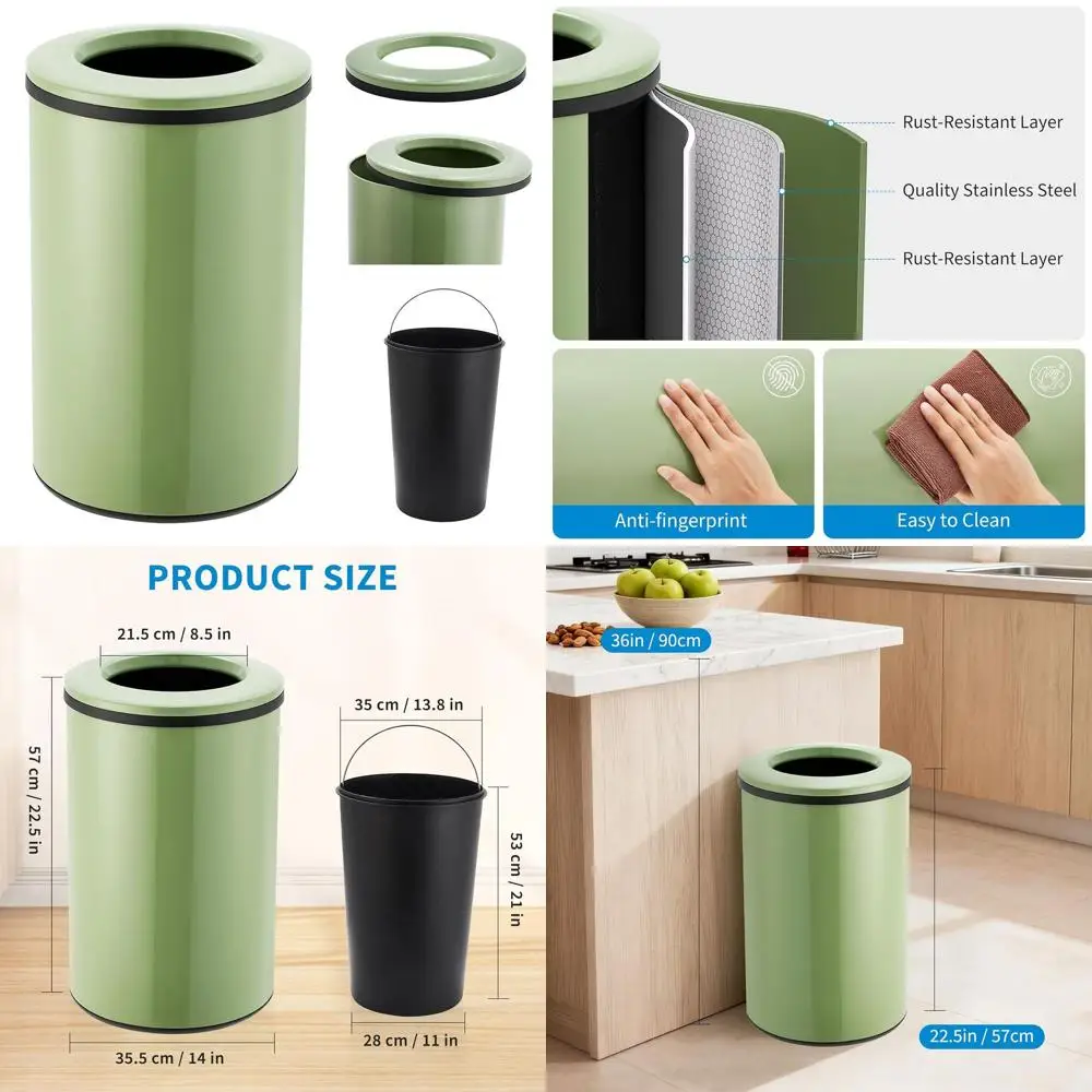 40-Liter Stainless Steel Round Trash Can with Removable Inner Bucket, Ideal for Kitchen and Bathroom, Green
40-Liter Stainless Steel Round Trash Can with Removable Inner Bucket, Ideal for Kitchen and Bathroom, Green