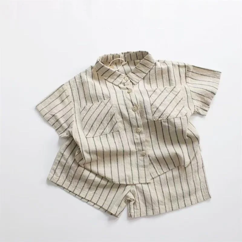 2026 Summer Korean Style Baby Boys Striped Outfits Cotton Linen Shirts Shorts 2pcs Children Casual Loose Sets
2026 Summer Korean Style Baby Boys Striped Outfits Cotton Linen Shirts Shorts 2pcs Children Casual Loose Sets