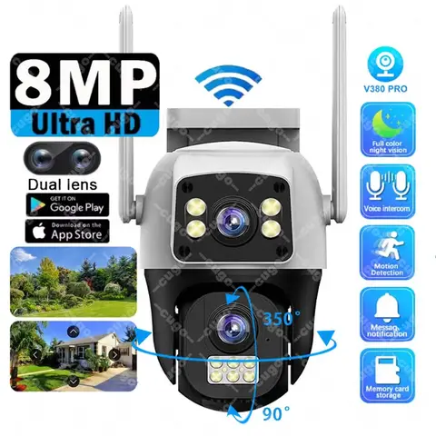 8MP 4K Wifi Camera Dual Lens Dual Screen IP Cameras Two-way Audio Color Night Vision 10MP Security Surveillance Wireless Camera