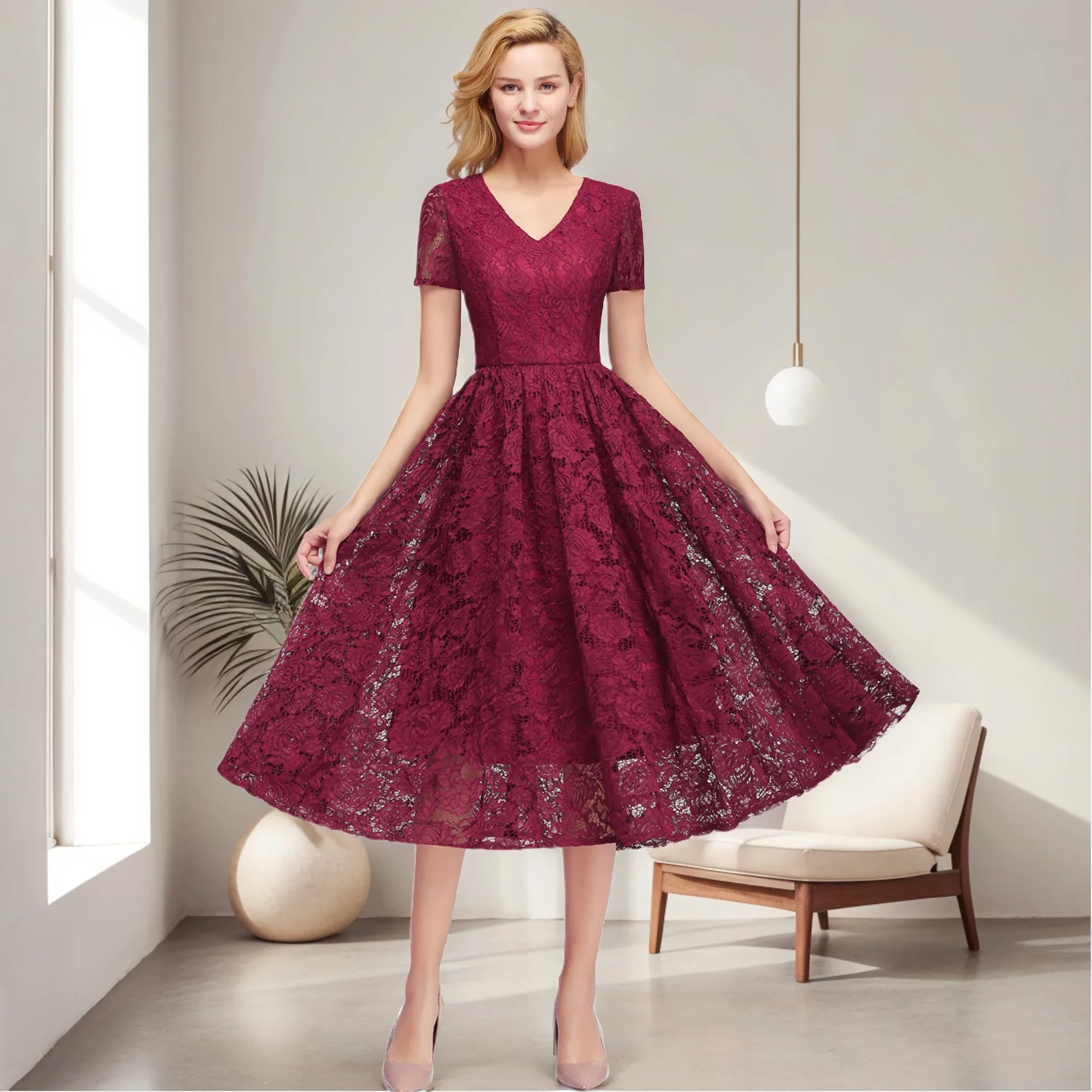 BABYONLINE Burgundy Lace A Line V Neck Evening Dresses With Bow Sashes Robe De Soiree Short SleevesTea Length Prom Party Gowns
BABYONLINE Burgundy Lace A Line V Neck Evening Dresses With Bow Sashes Robe De Soiree Short SleevesTea Length Prom Party Gowns