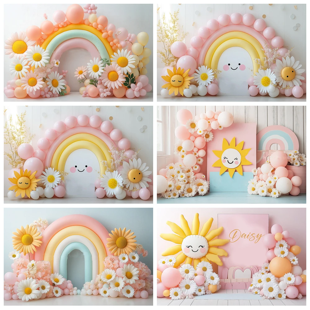 Newborn Baby 1st Birthday Rainbow Balloon Backdrop Bohemian Daisy Flower Baby First Birthday Cake Smash Photography Background
Newborn Baby 1st Birthday Rainbow Balloon Backdrop Bohemian Daisy Flower Baby First Birthday Cake Smash Photography Background