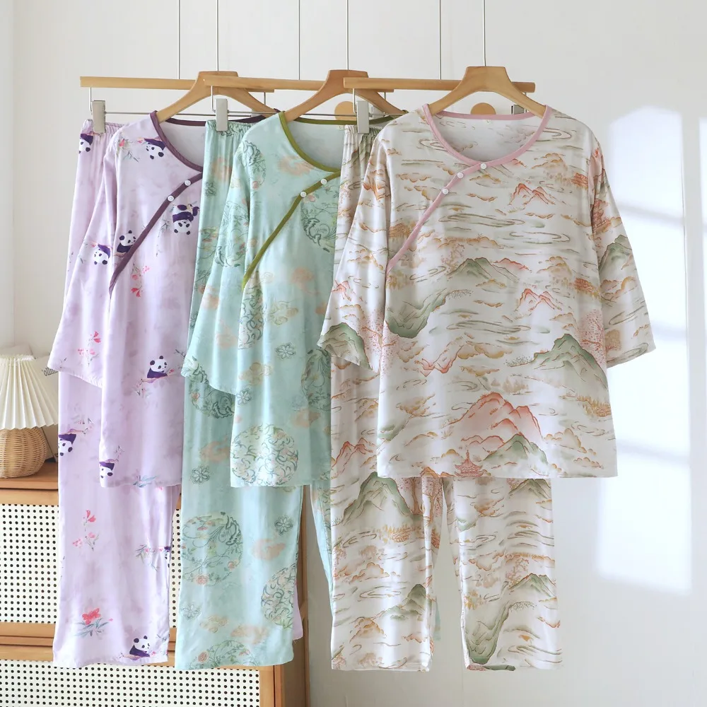 New Chest Pad Women's Home Clothes Spring Summer Two Piece Set Floral Print Night Wear Female Soft Sleepwear Loungewear Suit
New Chest Pad Women's Home Clothes Spring Summer Two Piece Set Floral Print Night Wear Female Soft Sleepwear Loungewear Suit