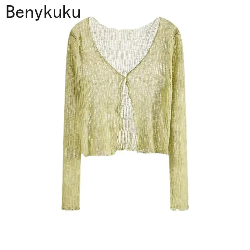 Summer Sweet Girl Korean Style Thin Tops Solid V-Neck Long Sleeve Cropped Top Perspective Ice Silk Knitted Cardigan for Women
Summer Sweet Girl Korean Style Thin Tops Solid V-Neck Long Sleeve Cropped Top Perspective Ice Silk Knitted Cardigan for Women