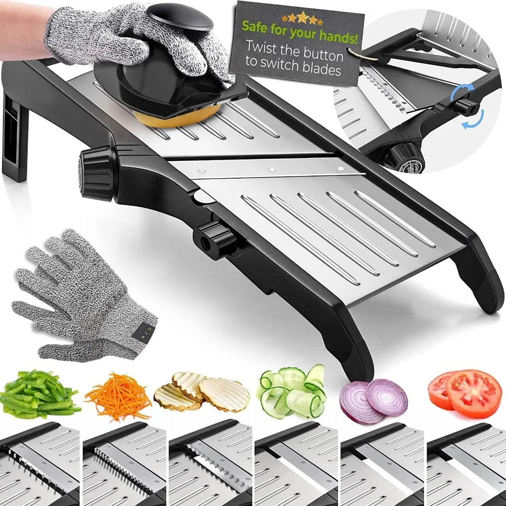 Adjustable Mandoline Slicer with Safety Gloves - Kitchen Vegetable Cutter for Potato, Cucumber & Waffle Fries
Adjustable Mandoline Slicer with Safety Gloves - Kitchen Vegetable Cutter for Potato, Cucumber & Waffle Fries