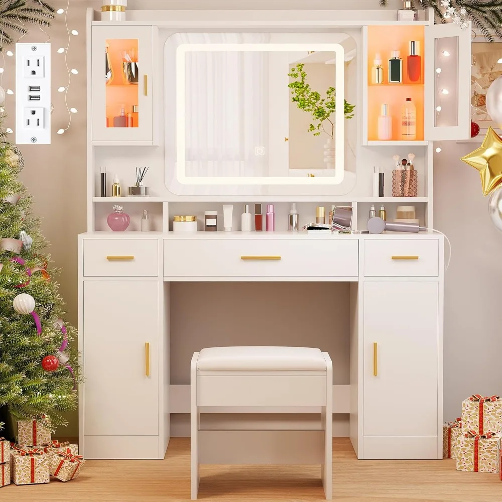 White Vanity Desk with Mirror and Lights Large Makeup Vanity Table Set with 2 RGB Cabinet 3 Drawers Modern Dressing
White Vanity Desk with Mirror and Lights Large Makeup Vanity Table Set with 2 RGB Cabinet 3 Drawers Modern Dressing