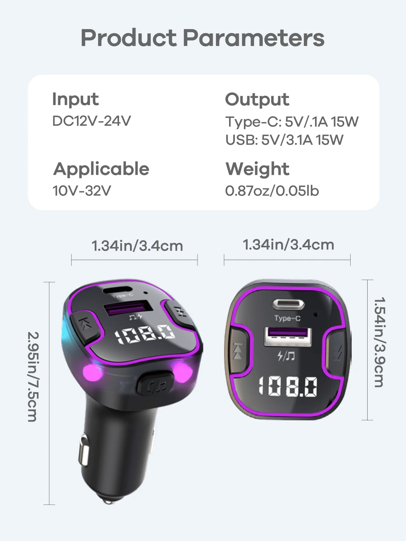 Car Bluetooth FM Transmitter With Type-C PD 15W Fast Charger AUX Wireless Audio Receiver LED Display
Car Bluetooth FM Transmitter With Type-C PD 15W Fast Charger AUX Wireless Audio Receiver LED Display