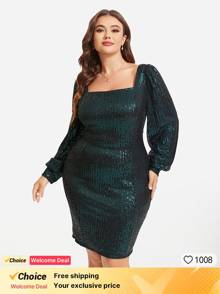 Plus Sized Clothing Dark Green Square Neck Puff Sleeve Sequin Dress Sexy Party Wedding Large Female Evening Short Dress
Plus Sized Clothing Dark Green Square Neck Puff Sleeve Sequin Dress Sexy Party Wedding Large Female Evening Short Dress