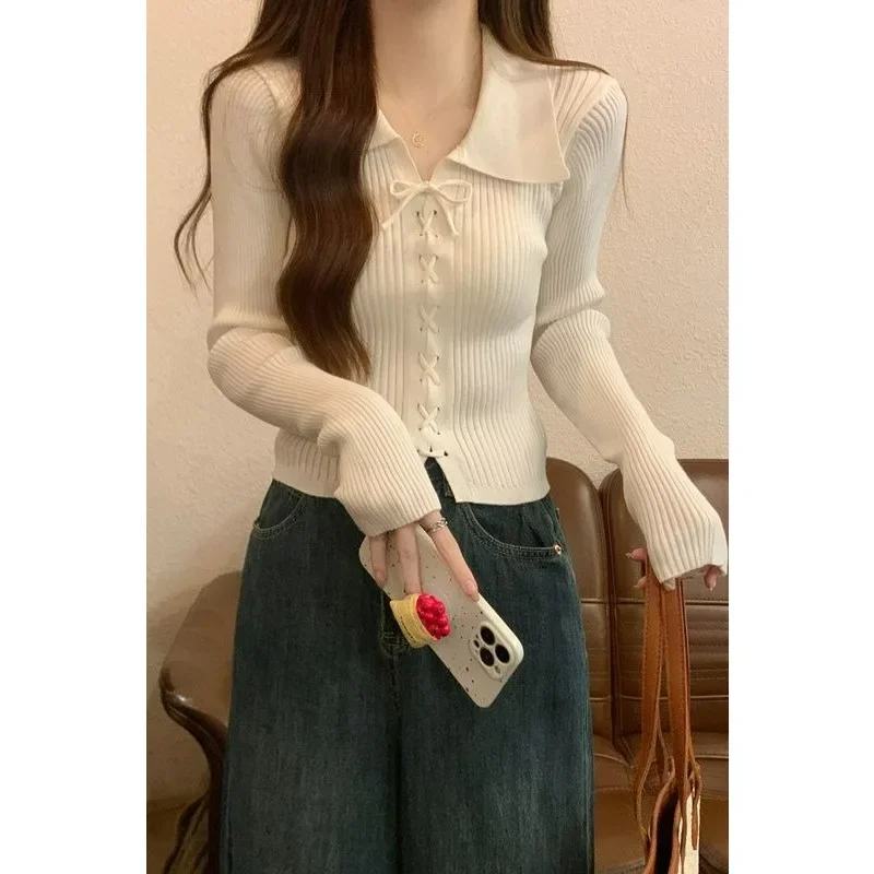 2025 Spring New Polo Collar Long-sleeved Lace-up Knitted Sweater Pullover Versatile Short Inner Wear Slim Fit Top
2025 Spring New Polo Collar Long-sleeved Lace-up Knitted Sweater Pullover Versatile Short Inner Wear Slim Fit Top