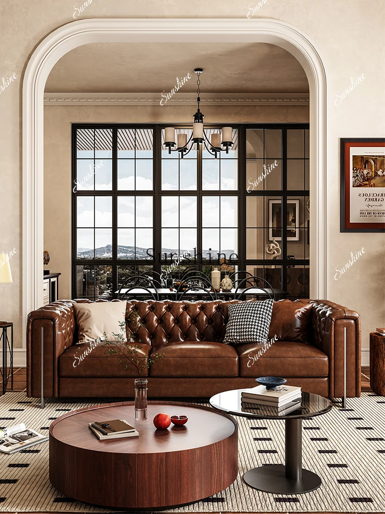 American living room straight row small apartment retro full pull buckle high-end luxury brown sofa FT
American living room straight row small apartment retro full pull buckle high-end luxury brown sofa FT