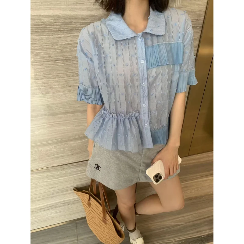 Korean Style Women's Shirt Stand Collar Short Sleeve Pleated Gored Hem Splice Top Breathable Summer Fashion 2026
Korean Style Women's Shirt Stand Collar Short Sleeve Pleated Gored Hem Splice Top Breathable Summer Fashion 2026