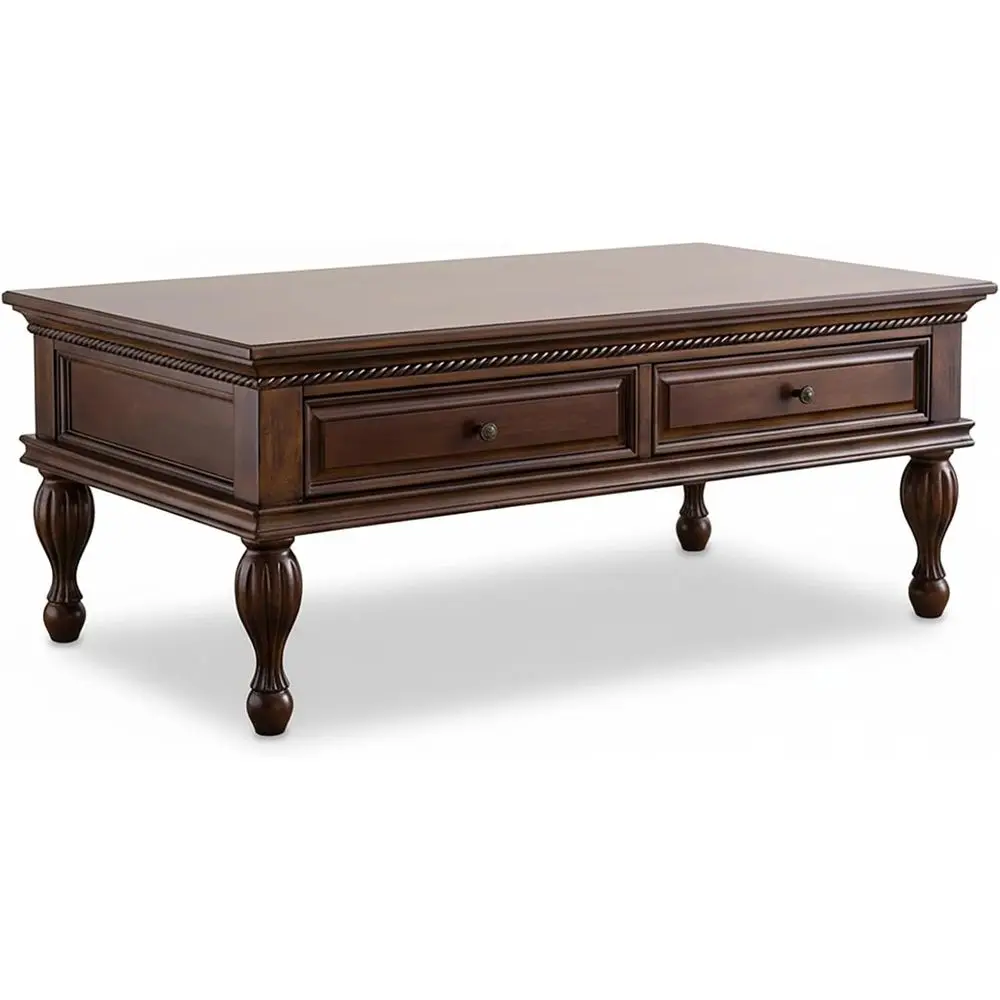 Classic Walnut Finish Coffee Table with Storage Drawers and Rope Detail
Classic Walnut Finish Coffee Table with Storage Drawers and Rope Detail