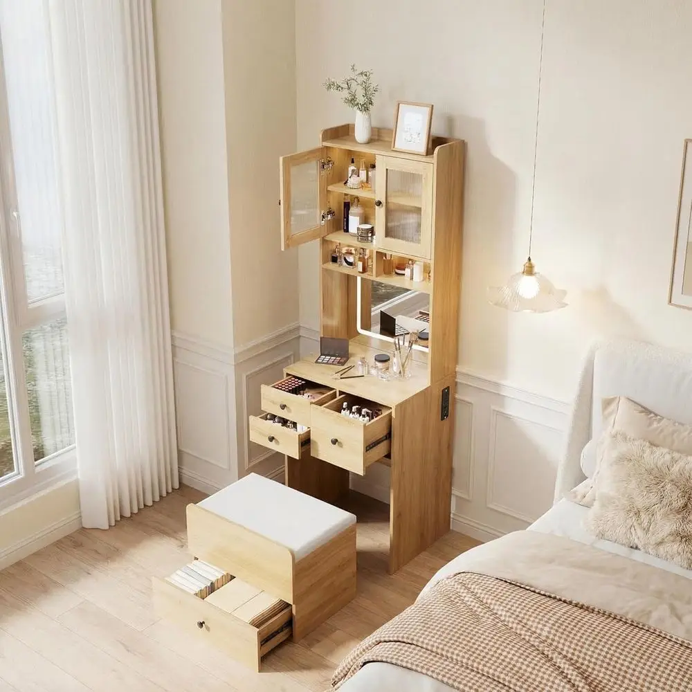 Vanity Desk with LED Lights Mirror & Power Outlet, Small Makeup Vanity Set with 4 Ders and Cabinet, Compact Dring Table with Cus
Vanity Desk with LED Lights Mirror & Power Outlet, Small Makeup Vanity Set with 4 Ders and Cabinet, Compact Dring Table with Cus