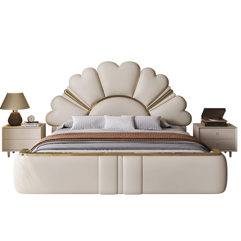 # Headboard Leather Bed for Bedroom, Soft Upholstered Bed with Gold Accent Lines & Romantic Luxury Style
# Headboard Leather Bed for Bedroom, Soft Upholstered Bed with Gold Accent Lines & Romantic Luxury Style