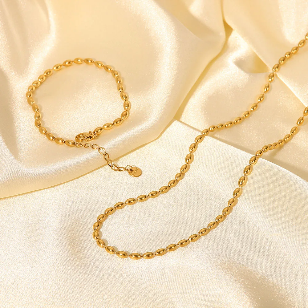 Tarnish Free 18K Gold Plated Stainless Steel Oval Strand Beads Choker Necklace Bracelet Set for Women Girls Fashion Jewelry
Tarnish Free 18K Gold Plated Stainless Steel Oval Strand Beads Choker Necklace Bracelet Set for Women Girls Fashion Jewelry