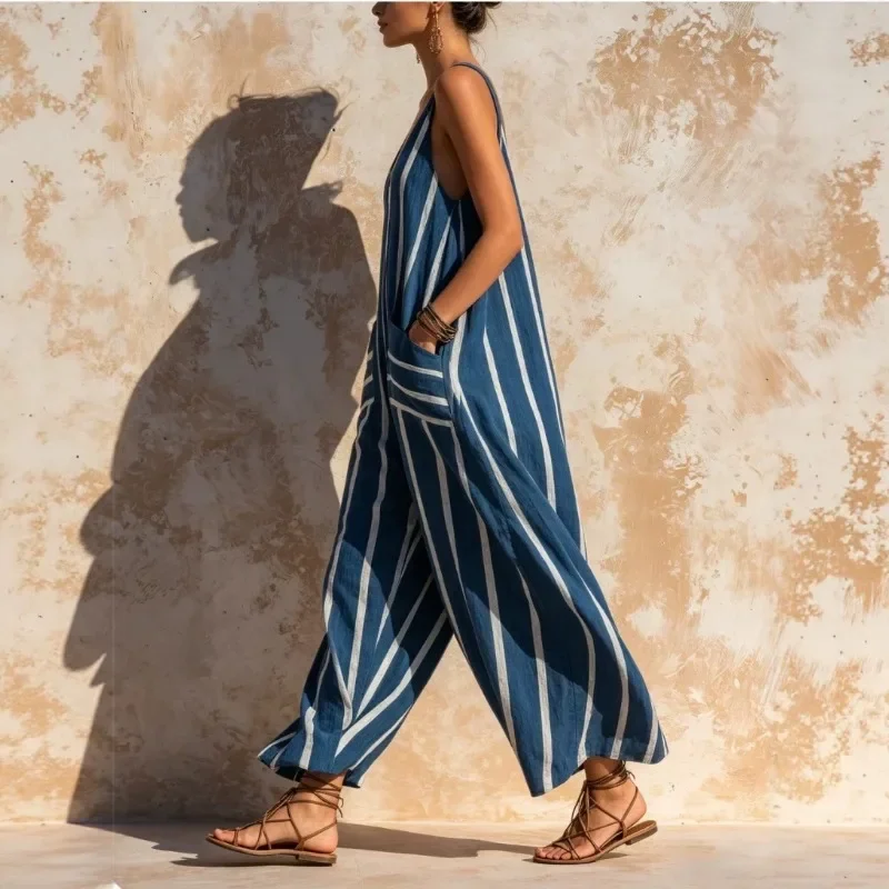 Summer Women's color blocking Striped Linen jumpsuit Elegant Sleeveless V Neck Loose Pockets Long Casual Bohemian Vacation Beach
Summer Women's color blocking Striped Linen jumpsuit Elegant Sleeveless V Neck Loose Pockets Long Casual Bohemian Vacation Beach