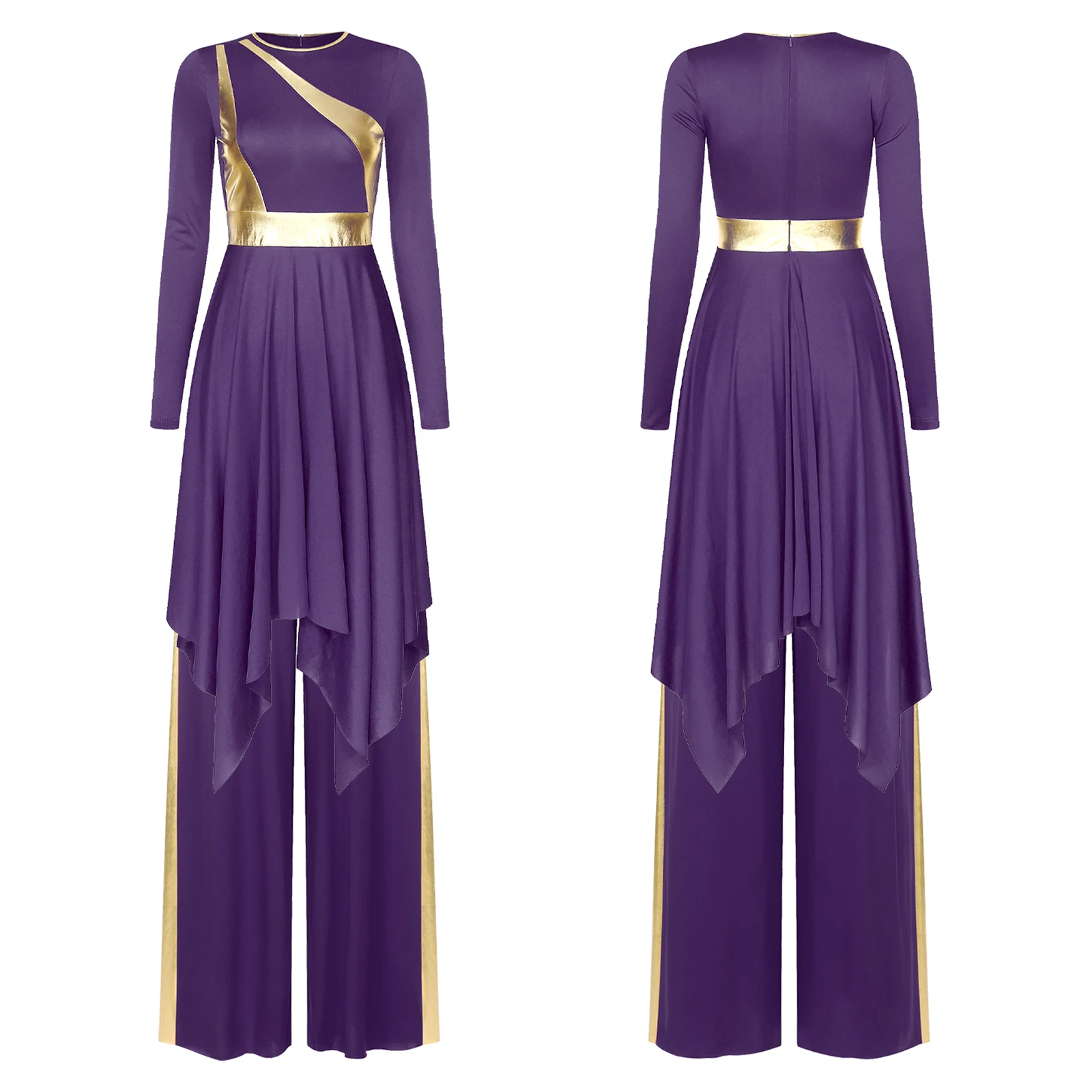Women Liturgical Dance Performance Dress Set Round Neck Long Sleeve Metallic Shiny Patchwork Irregular Dress with Wide-Leg Pants
Women Liturgical Dance Performance Dress Set Round Neck Long Sleeve Metallic Shiny Patchwork Irregular Dress with Wide-Leg Pants